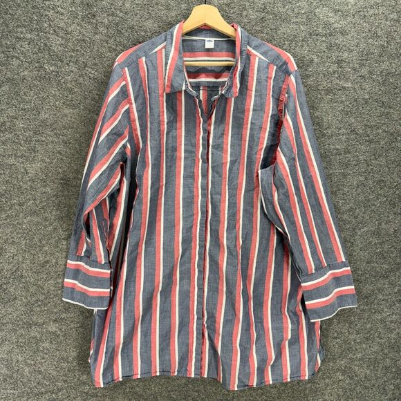 Old Navy Shirt Women 3X Plus Gray Striped Button Up Collared Long Sleeve Cotton - Picture 1 of 7